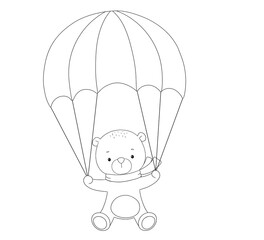 Cute bear with parachute, line hand drawn illustration isolated on white background