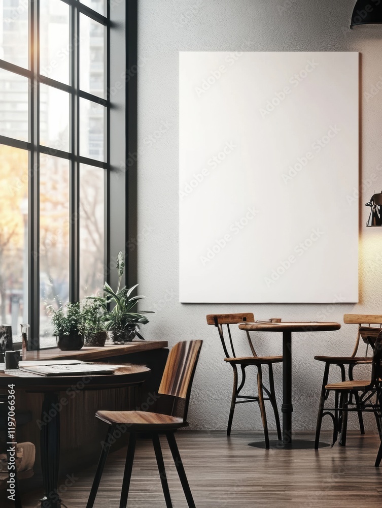 Poster cozy cafe interior with large blank canvas for creative projects and comfortable seating arrangement