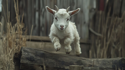A baby goat jumping over a log on a farm