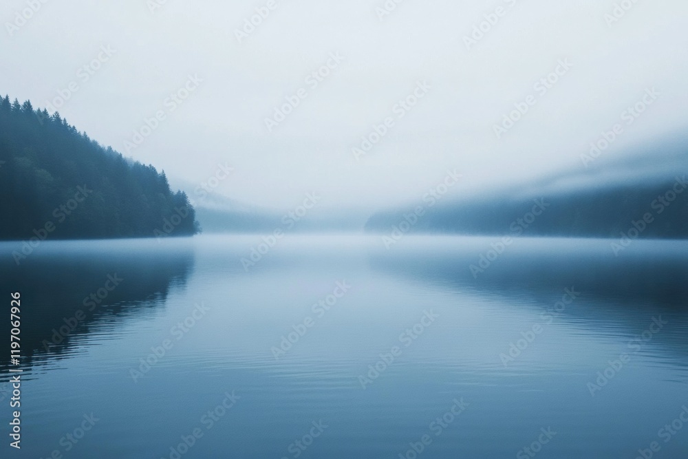 Poster Tranquil lake surrounded by misty mountains creates a serene atmosphere for reflection and calmness. Generative AI