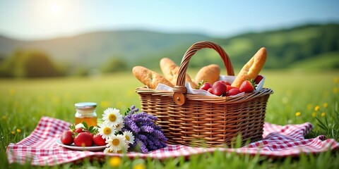 Picnic Basket in Green Field: Outdoor Picnic Scene