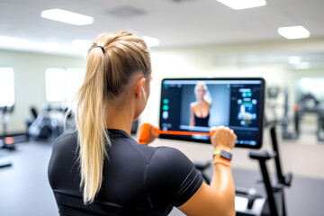 A fitness enthusiast engages with a digital screen, capturing her workout progress in a modern gym setting.