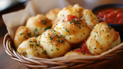 A basket of warm garlic knots with marinara sauce