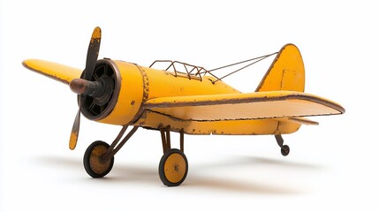 Vintage yellow metal toy airplane isolated on white.