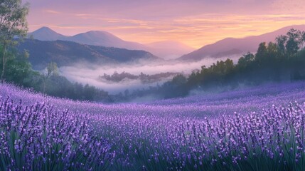 Obraz premium Serene Lavender Field at Dawn with Misty Mountains and Colorful Sky – A Breathtaking Landscape of Nature's Beauty and Tranquility