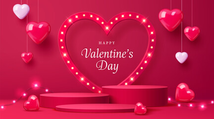 Valentine day podium stage with hearts on platform pedestal, vector background. Happy Valentine Day greeting card with pink podium and neon lights frame in heart shape for love holiday decoration