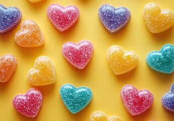 Fototapeta premium Colorful Heart-Shaped Gummies on Yellow Background, Vibrant Candy Confections Arranged for Festive Celebration or Sweet Treats Concept, Perfect for Designs