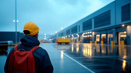 A person in a yellow hard hat stands in a rainy industrial area, looking towards a warehouse with illuminated doors, creating a moody evening atmosphere.