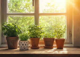 A serene countryside kitchen window view with fresh herbs growing in pots, soft sunlight streaming in, gentle and peaceful atmosphere.