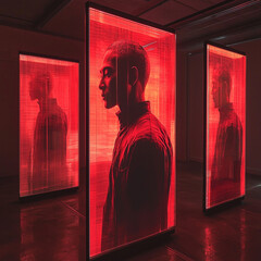 instagram photo of screens, digital art installation, moody red light on the character, realistic, photoreal


