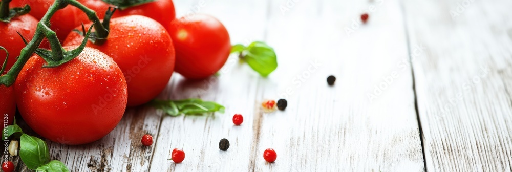 Leinwandbilder Fresh red tomatoes and herbs on rustic wooden table with space for text and design elements for culinary presentations. Generative AI