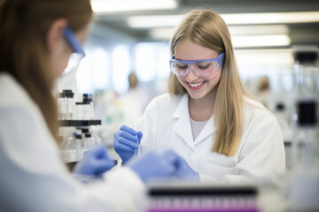 A young woman with rubber gloves, safety glasses and white lab coat is working in the laboratory.
