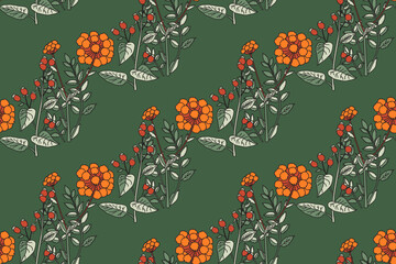 Botanical abstract seamless plant pattern with wildflowers vector illustration. Repeating floral print in vintage green pastel colors. Graphic design for Wallpaper Wedding Cover Wrapping pack Textile