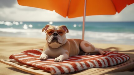 A dog resting on a beach towel under an umbrella, relaxing in the sun