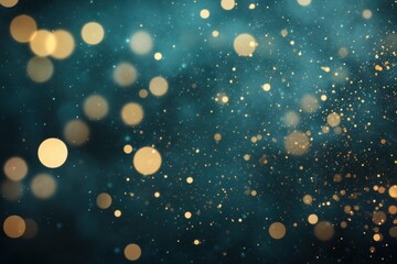 Magical golden bokeh on teal background: abstract light sparkle and festive glow
