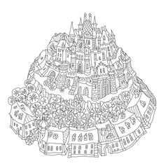 Black and white fantasy town landscape, medieval castle and street buildings. Adults and children Coloring Book page
