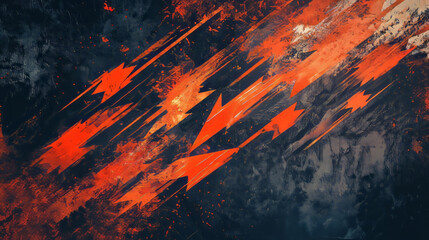 dynamic fiery abstract digital art with vibrant orange and black brush strokes on textured grunge background featuring modern expressionism and high-energy volcanic design