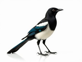Obraz premium Black and white bird with colorful feathers perched and poised for action. Eurasian magpie