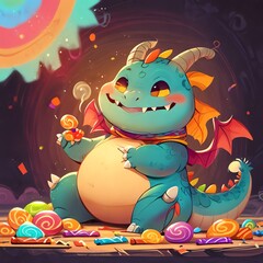 Adorable Dragon with Candy: A whimsical illustration of a cute, chubby dragon enjoying sweets.
