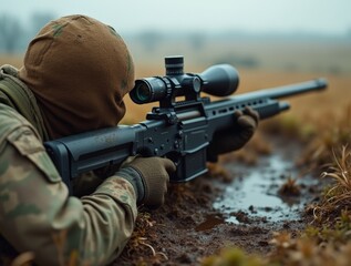 Fototapeta premium Soldier aiming with scoped rifle in a misty field during military training exercise