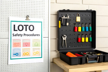 A toolbox with colorful locks and a sign detailing LOTO safety procedures, emphasizing workplace safety and equipment control.