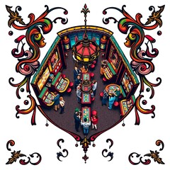 Fototapeta premium Bird's-eye view of a vintage casino interior, ornate frame.