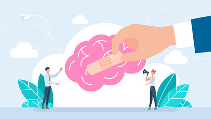 Businessman treats Human Brain With Adhesive Plaster. Human brain. Problems with mind and memory. Bruises and medical patch. Treatment of organ. Beating and trauma. Flat illustration