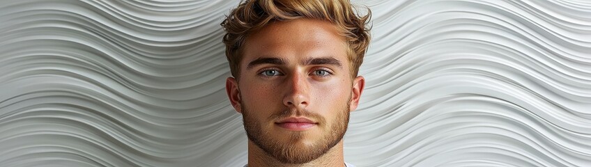 Obraz premium Confident European Man in White Soccer Jersey with Buzzcut and Beard Against Grey Background