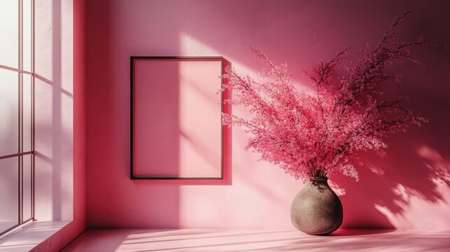 Sunlit minimalist interior with pink floral arrangement and empty frame