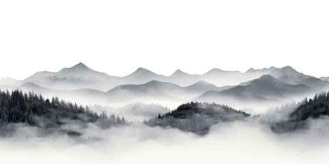 foggy mountains panorama landscape isolated on white or transparent png
