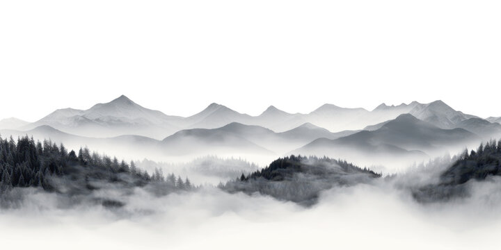 foggy mountains panorama landscape isolated on white or transparent png