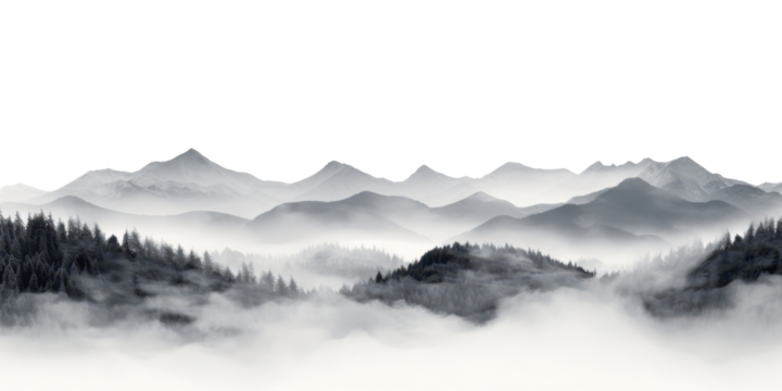 foggy mountains panorama landscape isolated on white or transparent png