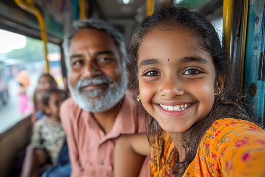 Happy girl taking selfie with her father while riding in  bus. Generative AI
