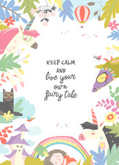 Cute magic frame composed of unicorns,dragon,princess and flowers. Vector illustration