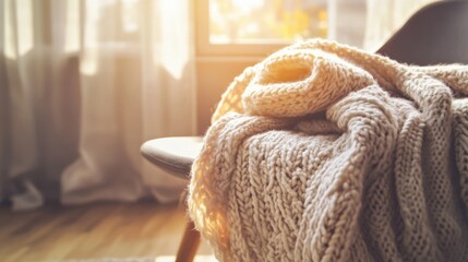 Obraz premium A cozy knitted blanket folded on a simple wooden chair in a sunlit corner.