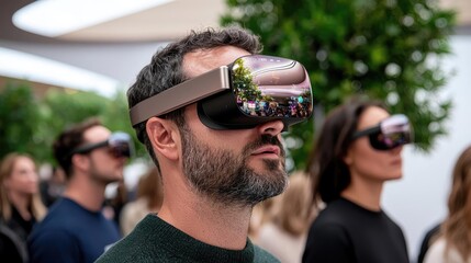 Man experiencing VR headset in modern mall