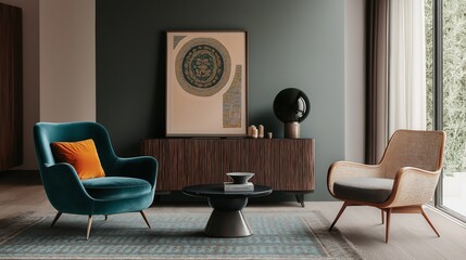 Luxurious Living Room Interior Design with Teal Velvet Armchair and Rattan Chair