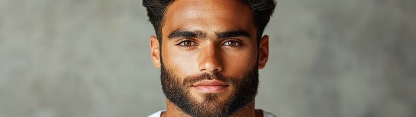 Obraz premium Confident European Man in White Soccer Jersey with Buzzcut and Beard Against Grey Background