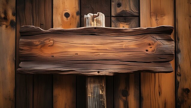 A handcrafted wooden sign affixed to a wall, highlighting its organic texture and earthy colors