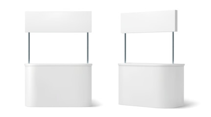Advertising booth stand mockup for showcasing promotional material in commercial events or exhibitions. Realistic 3d vector cabins, angle and front view, blank surfaces ready for branding or marketing