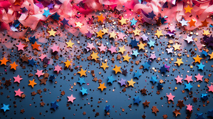 Confetti on a colored background, flat lay, top view.