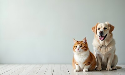 Fototapeta na wymiar Relaxed Ginger Cat and Golden Retriever Resting on White Floor Against Grey Wall