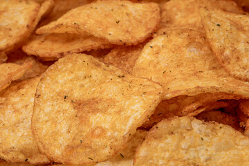 Potato chips background. Close up of potato chips.