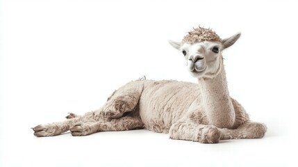 Fototapeta premium Studio photography close-up of a freshly shorn alpaca in a white setting