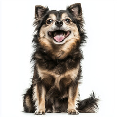 Fluffy pomeranian sitting with funny wide grin on white background