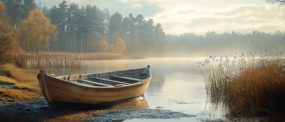Rowboat at dawn, misty lake, autumn forest. Peaceful nature scene