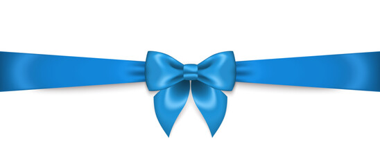 3d realistic silk blue ribbon bow. Gift Card with Place for Text. Vector Illustration. Invitation Decorative Template, Voucher Design. Father day decor, happy birthday banner, Christmas gift border