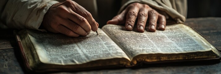 Monk's Hands Tracing Verses on a Worn Bible Page with Soft Lighting and Detailed Textures