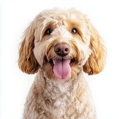 Fototapeta premium Smiling labradoodle with its tongue out and big toothy grin on white background