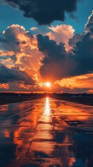 Runway sunset reflection, vibrant sky